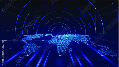 Digital world map perspective space tunnel, internet technology.