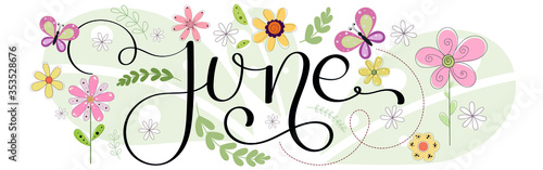 	
Hello June. JUNE month vector with flowers and leaves. Decoration floral. Illustration month June	
