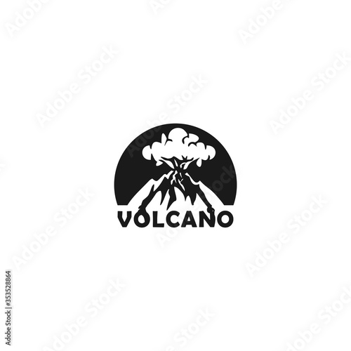 Volcano logo, silhouette style. Nature disaster eruption with smoke and clouds in the sky. Isolated vector illustration