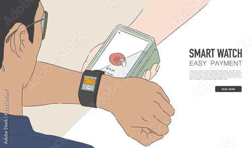 Vector illustration of a man making wireless or contactless payment using smartwatch. Cashier accepting payment over NFC technology. Banner design.