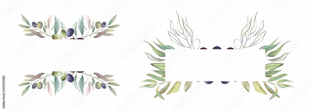 Olive bouquet leaves and fruit. frame. wedding invitation card.