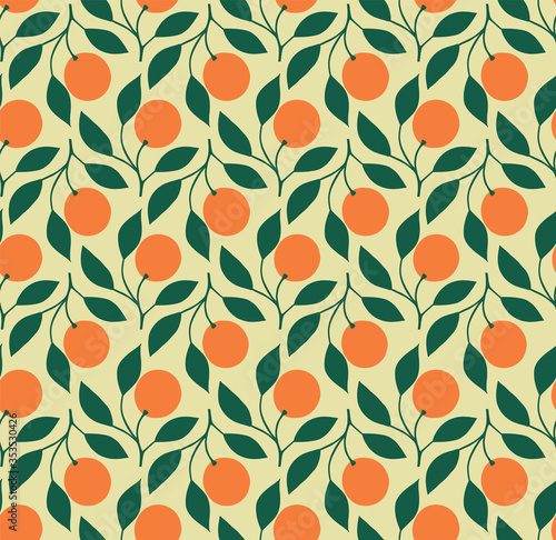 Elegant seamless pattern with orange on branch motifs. Retro style pattern with hand drawn oranges.