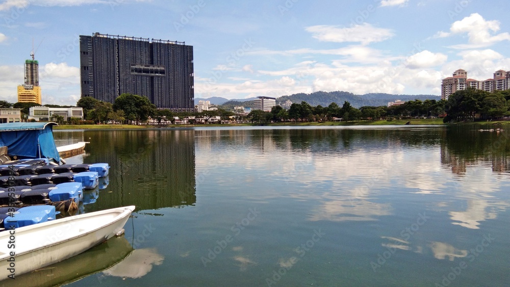 Naklejka premium Kuala Lumpur, Malaysia- 30 December 2019; view of Ampang Hilir Lake Garden located at Desa Pahlawan, Kuala Lumpur
