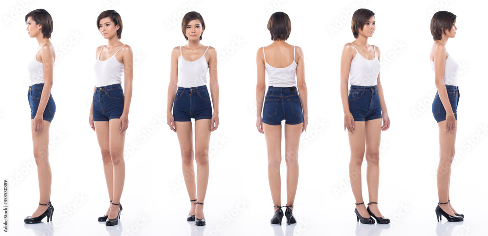 360 Full Length Snap Figure, Asian Woman wear casual white vast short jean skirt , 20s girl has brown blonde short hair and stand poses around, studio lighting white background isolated collage group