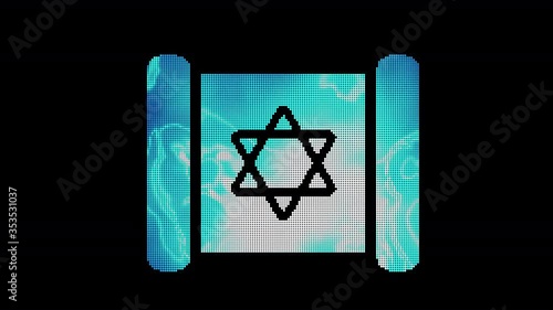 The symbol torah is assembled from small balls. Then it shimmers with blue. It crumbles and disappears. In - Out loop. Alpha channel photo