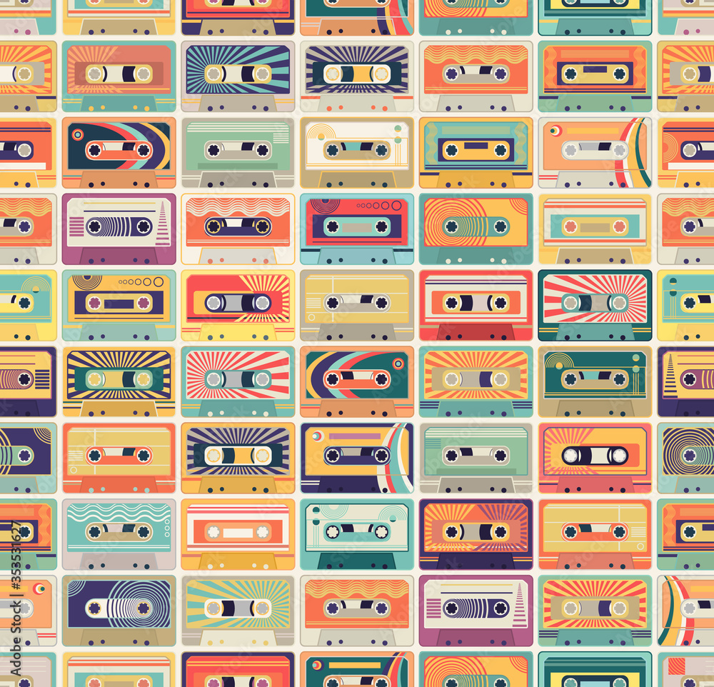 Seamless pattern with audio cassette tapes in a retro color palette. 80s and 90s music and culture inspired vector pattern.