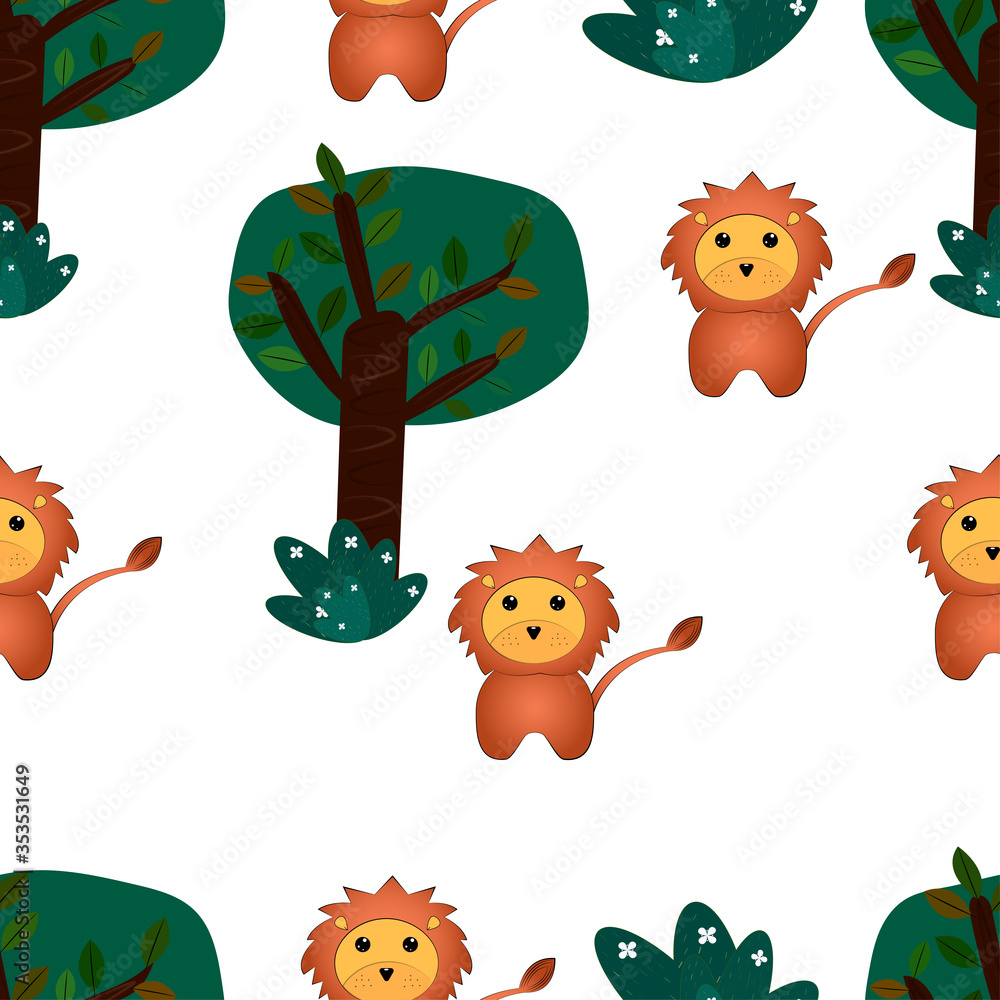 Cute pattern animal wild lion and owl with tree Cute pattern animal wild lion and owl with tree