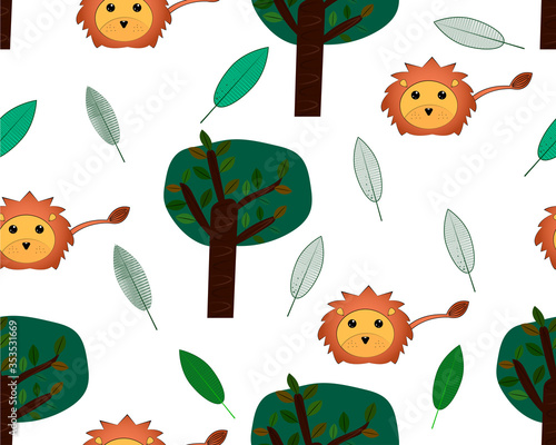 Cute pattern animal lion with tree