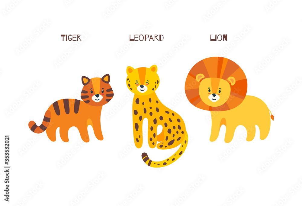Big cats trio. Leopard, tiger and lion in one vector illustration. Portrait of big cats family