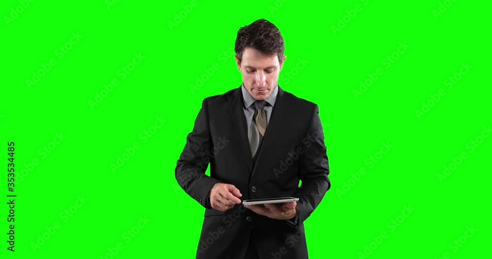 Animation of a Caucasian man in suit using a tablet in a green background Animation of a Caucasian man in suit using a tablet in a green background