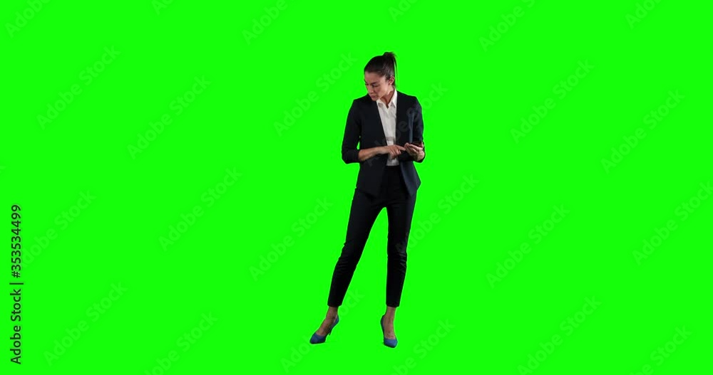 Animation of a Caucasian woman in suit walking and using a phone in a green background Animation of a Caucasian woman in suit walking and using a phone in a green background