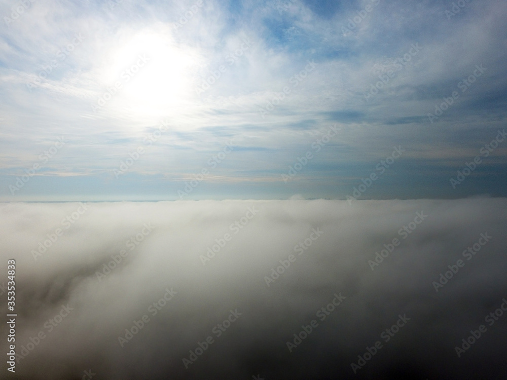 Aerial view saburb landscape (drone image). with the morning fog. Near Kiev