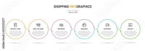 Concept of shopping process with 6 successive steps. Six colorful graphic elements. Timeline design for brochure, presentation, web site. Infographic design layout.