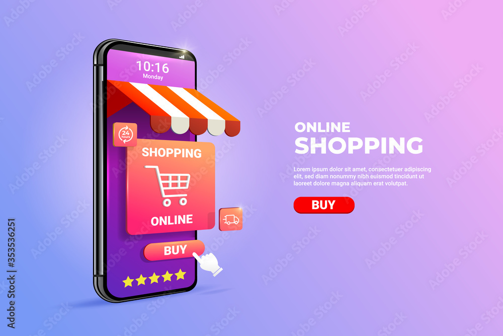 Shopping Online on Mobile phone Application Concept illustration and  Digital marketing promotion. 3d smartphone with store cart icon on  Horizontal view. Stock Vector | Adobe Stock