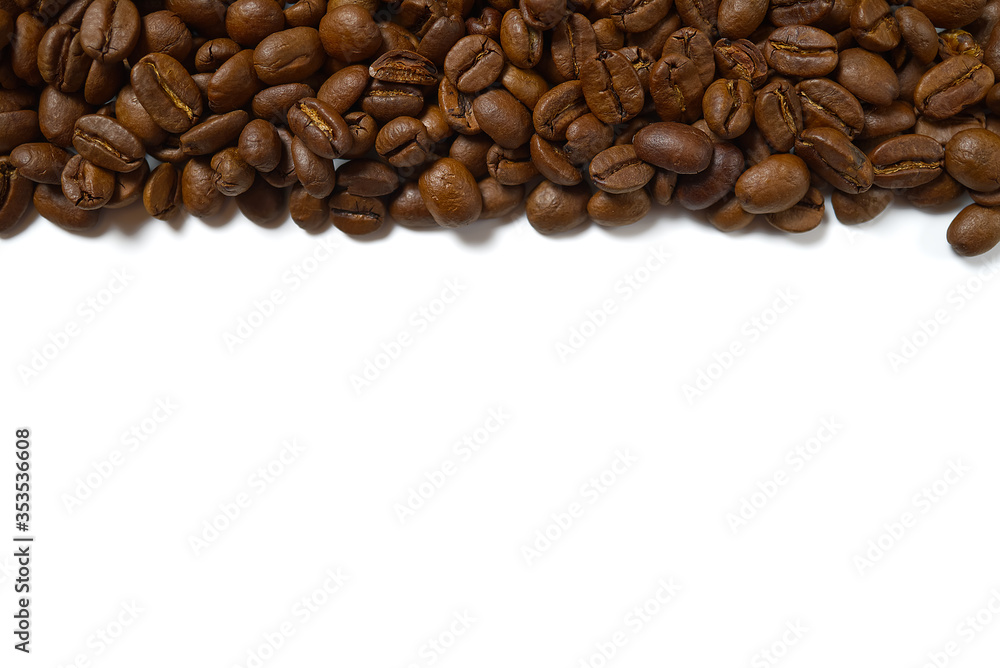 Texture of coffee beans. Roasted coffee beans background. close up Coffee beans with copy space on White background Texture of coffee beans. Roasted coffee beans background. close up Coffee beans with copy space on White background