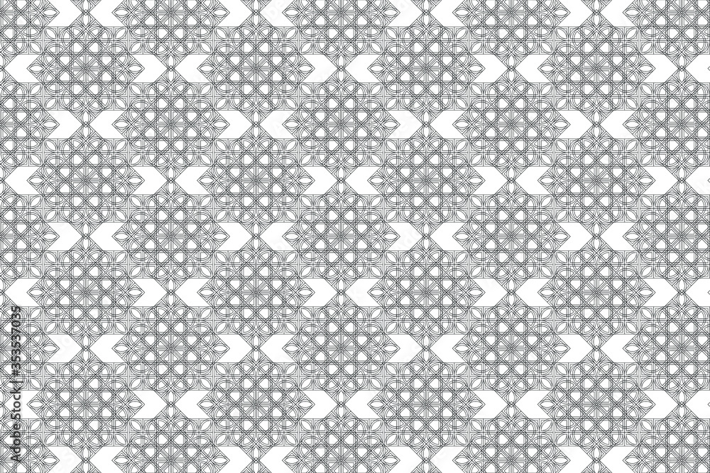 Black circular complex star outline of interconnecting lines and shapes makes an intricate repeating pattern on a white background, vector illustration geometric design