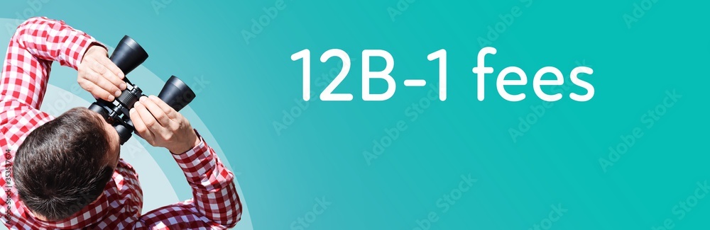 Fototapeta premium 12B-1 fees. Businessman (man) looks through binoculars. Birds eye view. Focus on text. Blue Background. Business, Finance, Statistics, Analysis, Economy