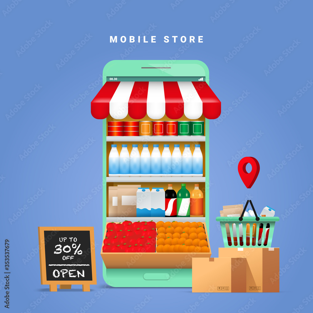 Φωτογραφία Online Grocery Store shopping concept with a mobile phone and food and beverage products lined the shelves
