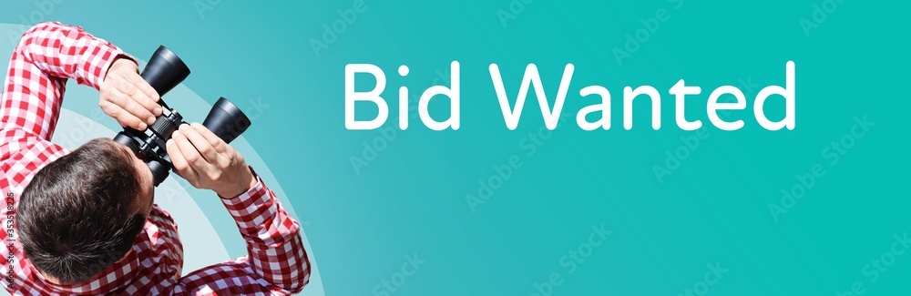 Fototapeta premium Bid Wanted. Businessman (man) looks through binoculars. Birds eye view. Focus on text. Blue Background. Business, Finance, Statistics, Analysis, Economy