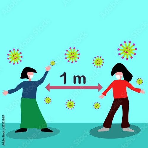 Please Keep Distance.Vector illustration.Social Distancing 1m.Instruction against the Spread.New normal Reopen Mall, School, Office.Social distancing in the workplace during coronavirus (COVID-19)