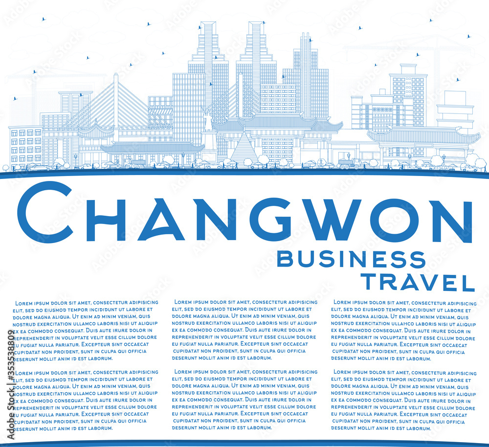 Outline Changwon South Korea City Skyline with Blue Buildings and Copy Space. Outline Changwon South Korea City Skyline with Blue Buildings and Copy Space.