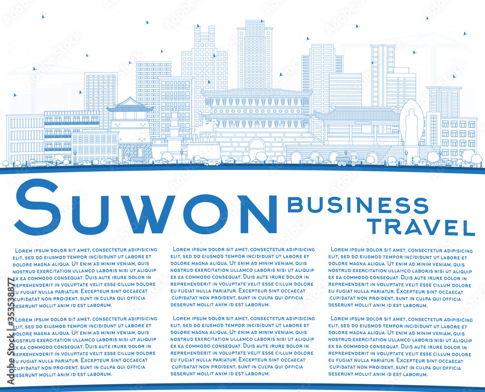 Outline Suwon South Korea City Skyline with Blue Buildings and Copy Space. Outline Suwon South Korea City Skyline with Blue Buildings and Copy Space.