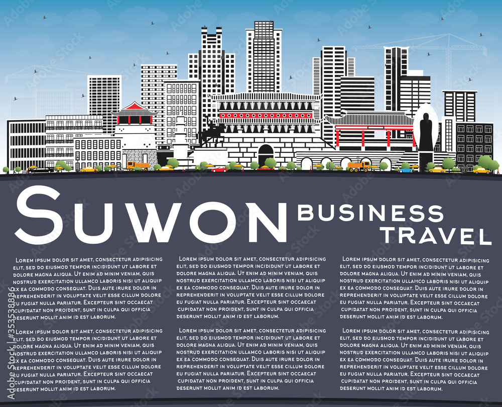 Suwon South Korea City Skyline with Color Buildings, Blue Sky and Copy Space.