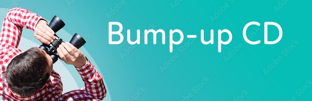 Naklejka premium Bump-up CD. Businessman (man) looks through binoculars. Birds eye view. Focus on text. Blue Background. Business, Finance, Statistics, Analysis, Economy