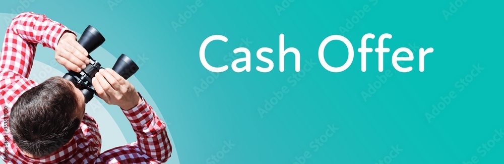 Fototapeta premium Cash Offer. Businessman (man) looks through binoculars. Birds eye view. Focus on text. Blue Background. Business, Finance, Statistics, Analysis, Economy
