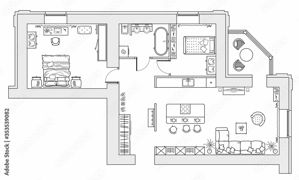 Planning of the apartment with arrangement furniture. Architectural