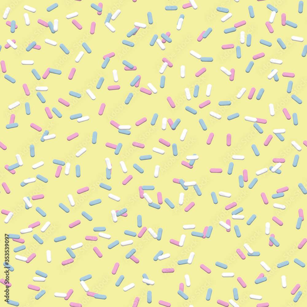 big pink blue and white sprinkles seamless pattern on a light yellow background 