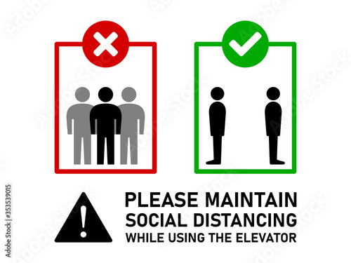 Maintain Social Distancing and Keep Your Distance While Using the Elevator Instruction Sign with Text. Vector Image.