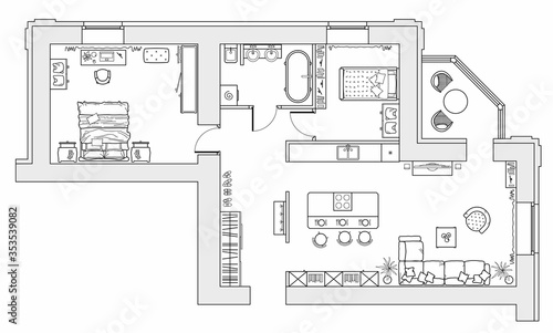 Planning of the apartment with arrangement furniture. Architectural drawing of the house (top view). Interior design  floor plan from above. Vector layout