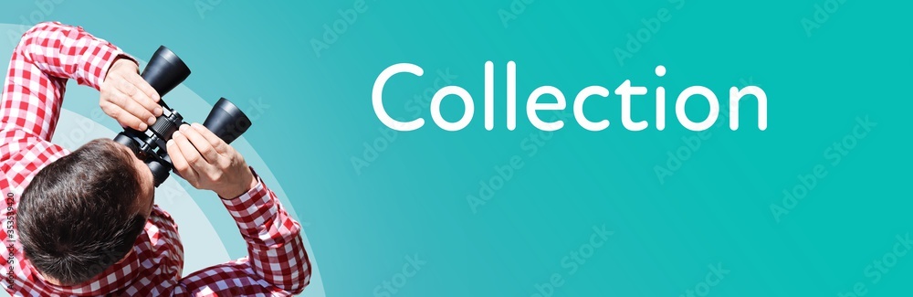 Fototapeta premium Collection. Businessman (man) looks through binoculars. Birds eye view. Focus on text. Blue Background. Business, Finance, Statistics, Analysis, Economy