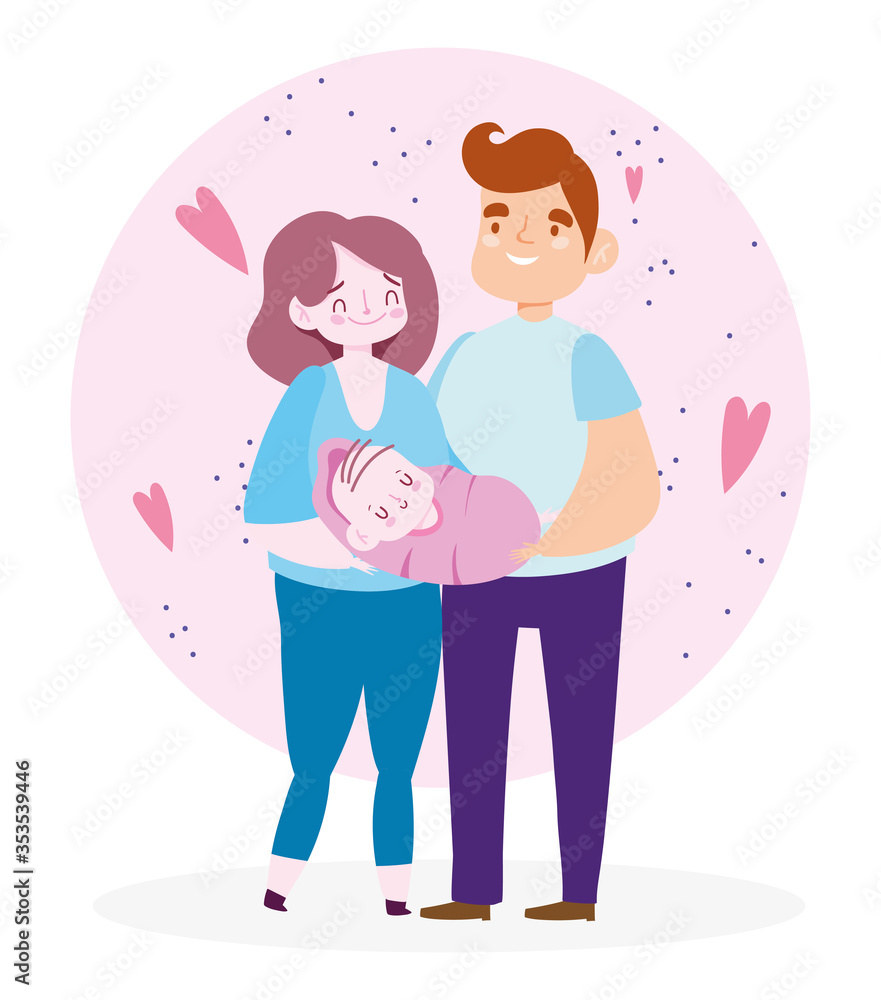 Fototapeta premium dad mom carrying baby cartoon characters family day