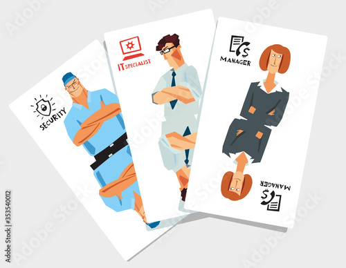 Set of office professions in the form of playing cards. Grotesquely drawn security guard, manager and IT specialist. Cartoon hand vector graphics