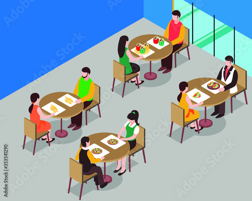People are eating food at hotel, cafeteria or restaurant. Employees are enjoy food during lunch time. and have good food at office cafeteria.