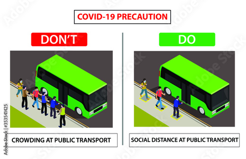 Social distance at public transport. Poster for maintain social distance at office travel bus. Travel poster for covid 19 virus. People are travel in bus with safe distancing.