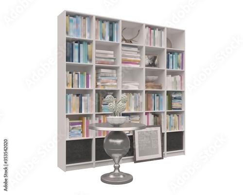 Bookcase bookshelves isolated on white 3d illustration