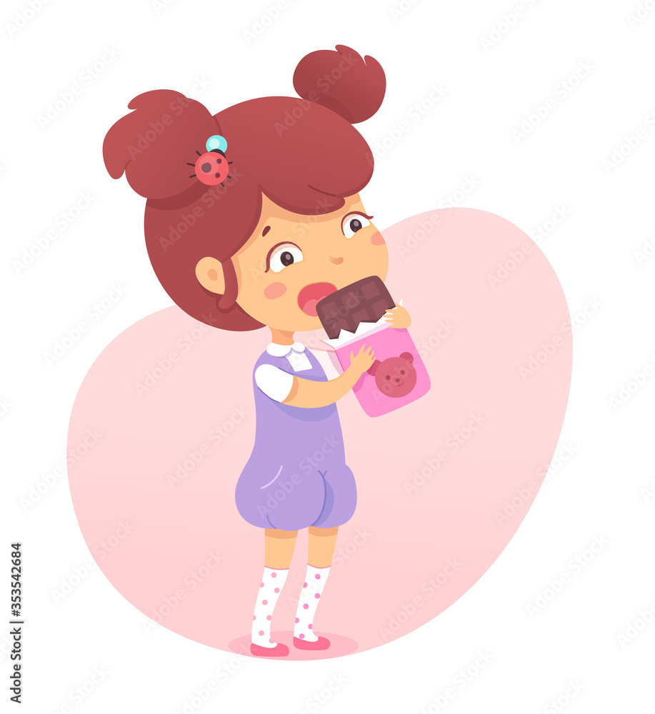Cute little girl child eat chocolate bar in wrap Cute little girl child eat chocolate bar in wrap