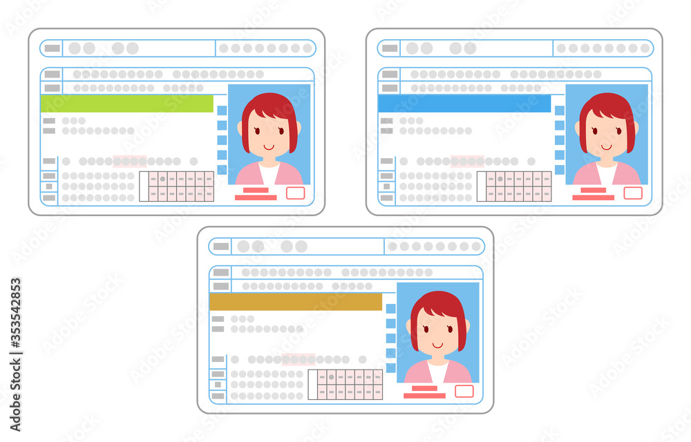 運転免許証の表面、初心者・一般、優良ドライバーの女性のイラストセット