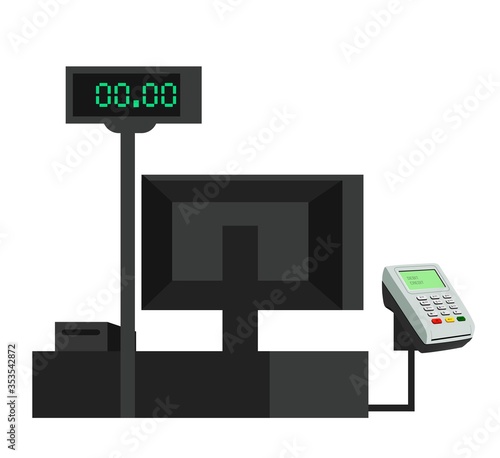 Vector flat illustration of cash desk with POS terminal