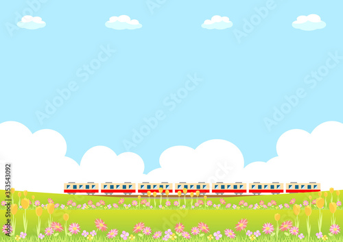 電車　花　風景