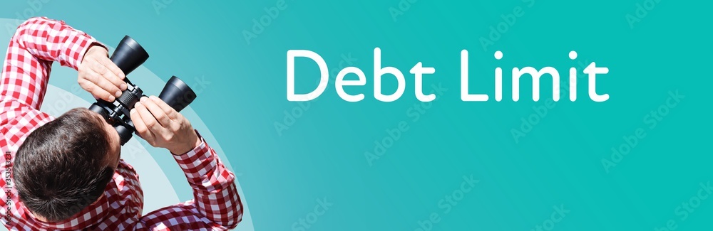Fototapeta premium Debt Limit. Businessman (man) looks through binoculars. Birds eye view. Focus on text. Blue Background. Business, Finance, Statistics, Analysis, Economy