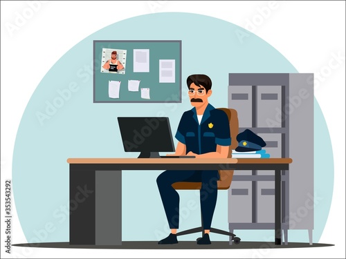 Vector police officer detective work at computer