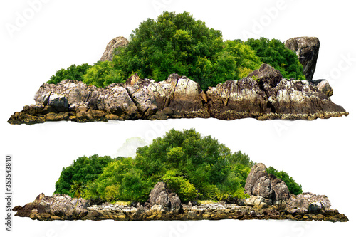 The trees. Mountain on the island and rocks.Isolated on White background.Used in the design of advertising media, architecture