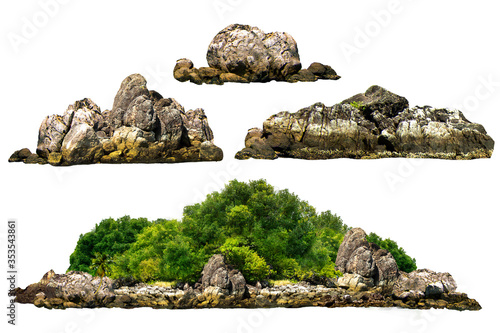 The trees. Mountain on the island and rocks.Isolated on White background.Used in the design of advertising media, architecture