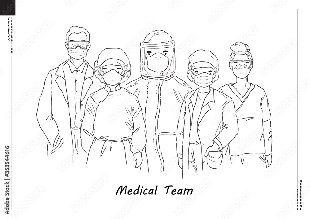 Vector of Covid-19 Medical team. Set of professional doctors and nurses wearing medical face mask and protective gear. Cartoon style artwork. Vector of Covid-19 Medical team. Set of professional doctors and nurses wearing medical face mask and protective gear. Cartoon style artwork.