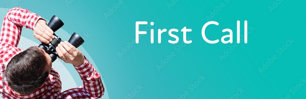 Fototapeta premium First Call. Businessman (man) looks through binoculars. Birds eye view. Focus on text. Blue Background. Business, Finance, Statistics, Analysis, Economy