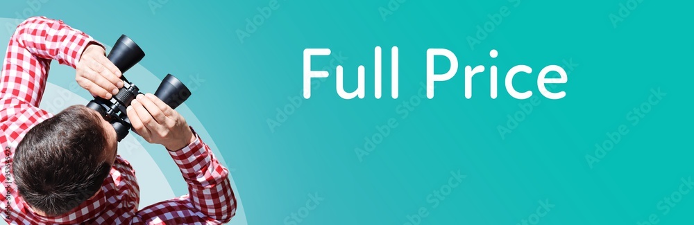 Naklejka premium Full Price. Businessman (man) looks through binoculars. Birds eye view. Focus on text. Blue Background. Business, Finance, Statistics, Analysis, Economy